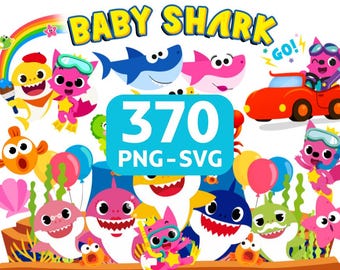 Baby Shark Clipart PNG SVG Bundle, Shark Birthday Clipart, Ocean Kids Party Decorations, Printable Party Supplies, Digital Download