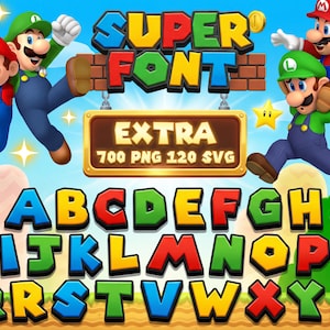 May include: A colorful digital graphic featuring the words "SUPER FONT" and the alphabet in a playful, cartoon style. The image includes characters Mario and Luigi, coins, and stars, with the text "EXTRA 700 PNG 120 SVG".