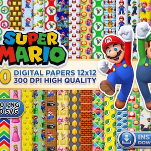 May include: A digital art bundle featuring the Super Mario characters and themed patterns. The image includes the Super Mario logo, the number 290, and the text "Digital Papers 12x12 300 DPI High Quality". The image also includes the text "600 PNG 120 SVG" and "Instant Download".