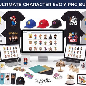 May include: A digital bundle of character graphics featuring Spongebob, Mario, Star Wars, Marvel, and Pokemon designs displayed on t-shirts, hats, mugs, laptops, and framed prints with the text THE ULTIMATE CHARACTER SVG Y PNG BUNDLE.