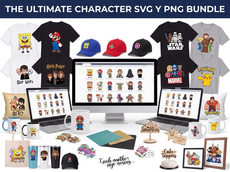 May include: A digital bundle of character graphics featuring Spongebob, Mario, Star Wars, Marvel, and Pokemon designs displayed on t-shirts, hats, mugs, laptops, and framed prints with the text THE ULTIMATE CHARACTER SVG Y PNG BUNDLE.