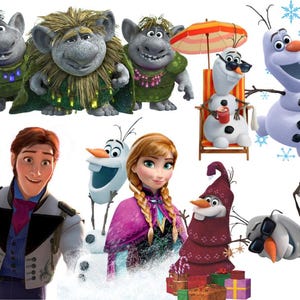 May include: A collection of animated characters including three grey trolls in green outfits, a snowman named Olaf in various poses, a man with brown hair in a formal grey jacket, and a woman with braided blonde hair in a pink and black outfit.