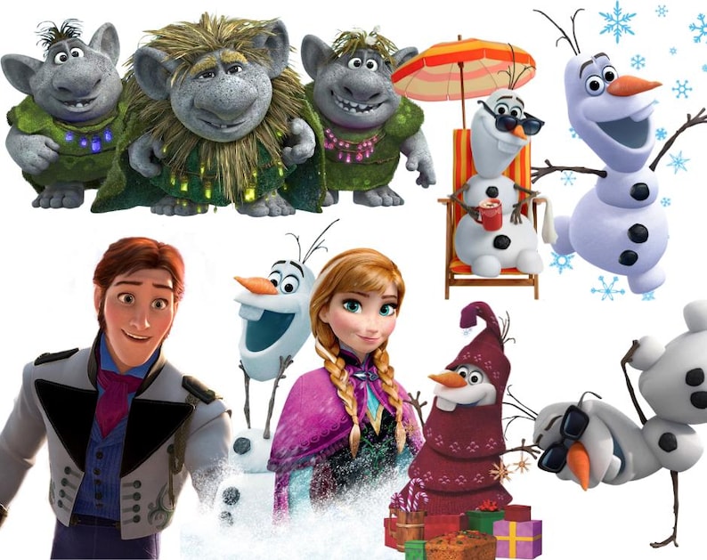 May include: A collection of animated characters including three grey trolls in green outfits, a snowman named Olaf in various poses, a man with brown hair in a formal grey jacket, and a woman with braided blonde hair in a pink and black outfit.