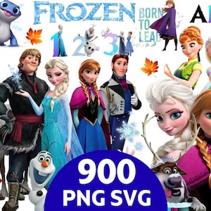 May include: A digital collection of Frozen-themed graphic elements including characters Elsa, Anna, Kristoff, Olaf, Sven, and Bruni. The set features numbers one through three, autumn leaves, the text Frozen, Born to Lead, and ABC, plus 900 PNG SVG labels.