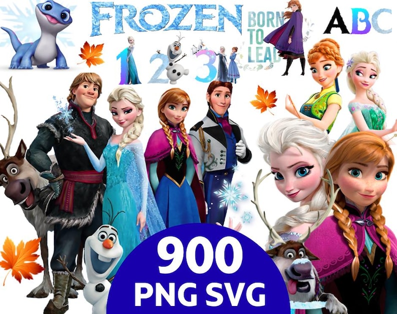May include: A digital collection of Frozen-themed graphic elements including characters Elsa, Anna, Kristoff, Olaf, Sven, and Bruni. The set features numbers one through three, autumn leaves, the text Frozen, Born to Lead, and ABC, plus 900 PNG SVG labels.