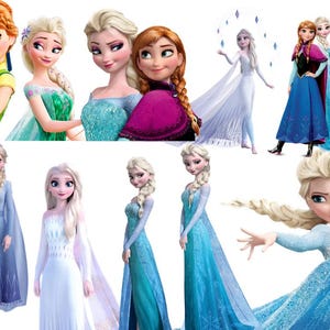 May include: A collection of digital illustrations featuring the characters Anna and Elsa in various outfits, including blue and white ice-themed gowns, a dark magenta cape, and green bodice attire, showcasing their signature blonde and auburn braided hairstyles.