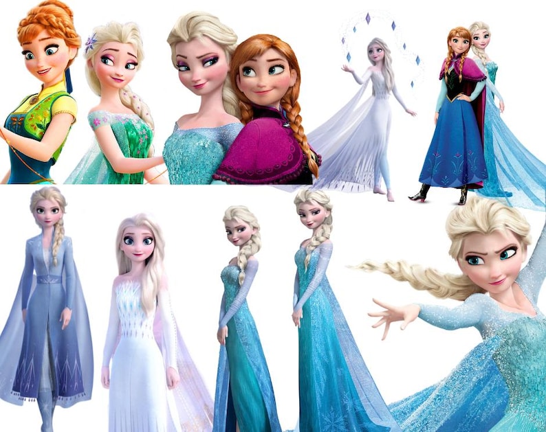 May include: A collection of digital illustrations featuring the characters Anna and Elsa in various outfits, including blue and white ice-themed gowns, a dark magenta cape, and green bodice attire, showcasing their signature blonde and auburn braided hairstyles.