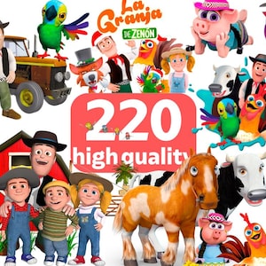 Puede incluir: Ilustración digital colorida con personajes de "La Granja de Zenón". La imagen incluye un tractor, un granero, un caballo, una vaca, un cerdo, un búho y varios personajes de dibujos animados. El texto en la imagen dice "220 high quality."