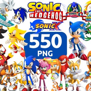 May include: A collection of Sonic the Hedgehog characters and logos. The image features various characters like Sonic, Tails, and Knuckles, along with the text "550 PNG". The overall color scheme includes blue, red, yellow, and white.