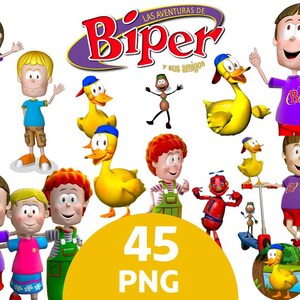 Puede incluir: Una colección de personajes de dibujos animados en 3D que incluye niños, patos amarillos con gorras azules, un pequeño insecto marrón y un robot rojo. El texto "LAS AVENTURAS DE Biper y sus amigos" aparece arriba y un gran círculo amarillo muestra "45 PNG".