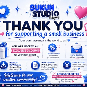 May include: A digital thank you card for a small business featuring the text Sukun Studio designs, Thank you for supporting a small business, and Your purchase means the world to us. Includes icons for discount codes, file downloads, and SVG files.