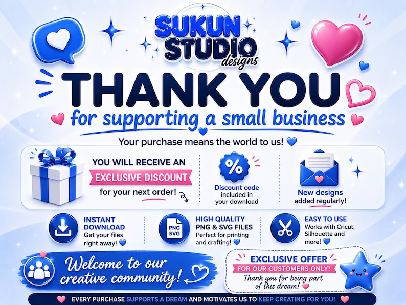 May include: A digital thank you card for a small business featuring the text Sukun Studio designs, Thank you for supporting a small business, and Your purchase means the world to us. Includes icons for discount codes, file downloads, and SVG files.
