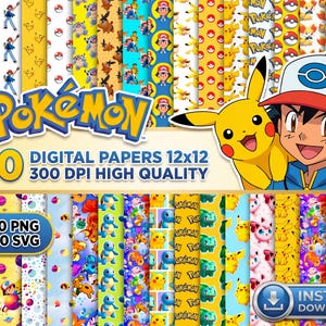 Może przedstawiać: Zestaw 150 cyfrowych papierów z motywem Pokémon. Obraz przedstawia różne wzory z postaciami takimi jak Pikachu i Ash, a także logo Pokémon. Papiery mają wymiary 12x12 cali i wysoką jakość 300 DPI. Zawiera 330 plików PNG i 400 SVG.