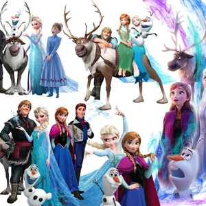 May include: A collection of animated characters including Elsa in blue gowns, Anna in various outfits, Kristoff in dark winter clothing, Sven the reindeer, and Olaf the snowman, all depicted in multiple poses and dynamic arrangements.