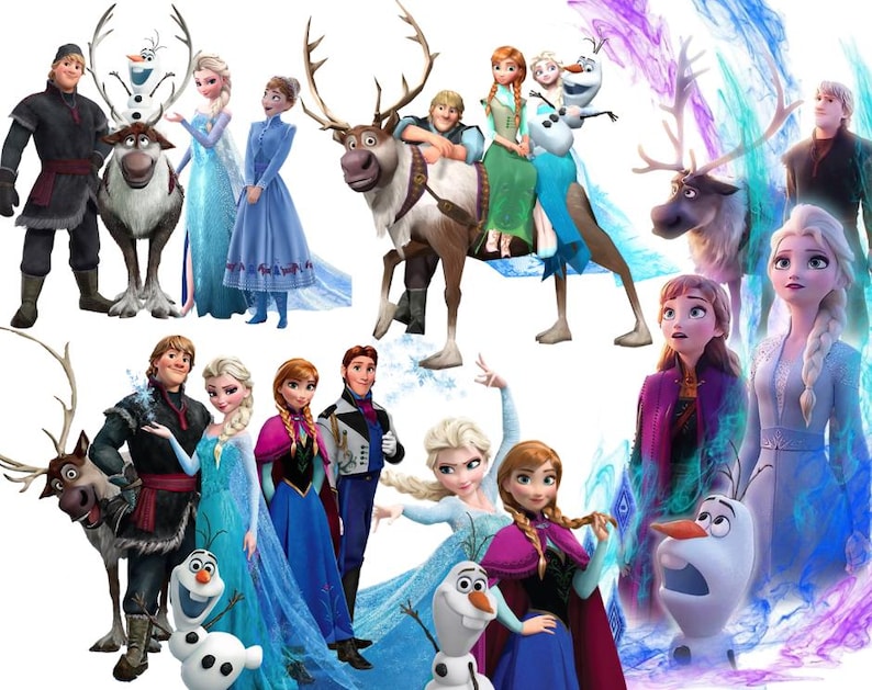 May include: A collection of animated characters including Elsa in blue gowns, Anna in various outfits, Kristoff in dark winter clothing, Sven the reindeer, and Olaf the snowman, all depicted in multiple poses and dynamic arrangements.