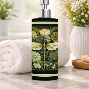 Dragonfly Floral Stainless Steel Soap Dispenser – 18oz Modern Bathroom Décor