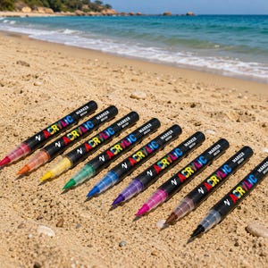 Può includere: Un set di nove pennarelli acrilici neri con punta a pennello, ognuno dotato di un tappo e inchiostro di colore diverso, tra cui rosso, arancione, giallo, verde, blu, viola, rosa, marrone e nero, disposti in una linea diagonale.