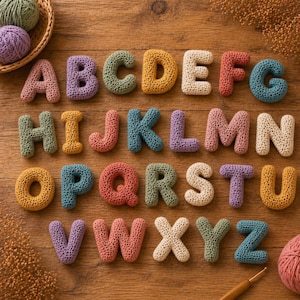 May include: A full alphabet of colorful, crocheted letters arranged on a wooden surface. Each letter is a different color, including pink, purple, green, yellow, and blue. Yarn and a crochet hook are also visible.