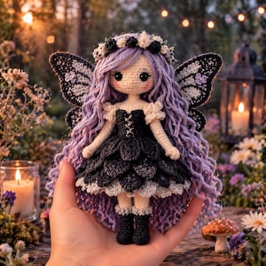 May include: A handcrafted crochet fairy doll with lilac hair, a black dress, and butterfly wings. The doll has a floral crown and is held in a hand. The background features soft lighting and a blurred garden setting.