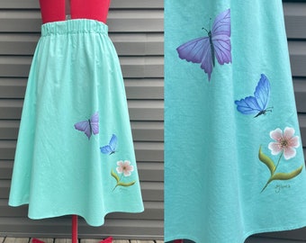 Vintage hand painted vintage cotton circle skirt with wide waist band butterfly and flower design aqua green blue