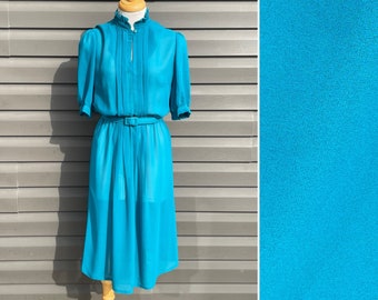 vintage 70s Secretary dress with belt turquoise sheer shirt dress semi sheer