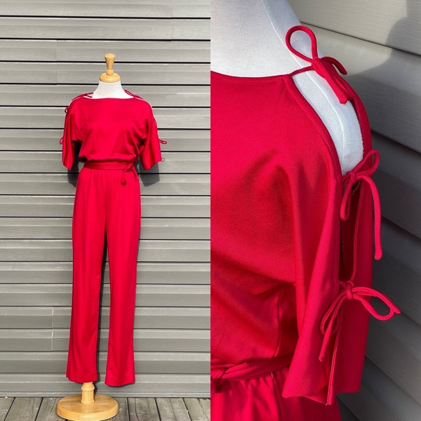 vintage 70s designer bright red jumpsuit by Clovis Ruffin Ruffinwear disco evening one piece stretchy polyester knit jersey cutout