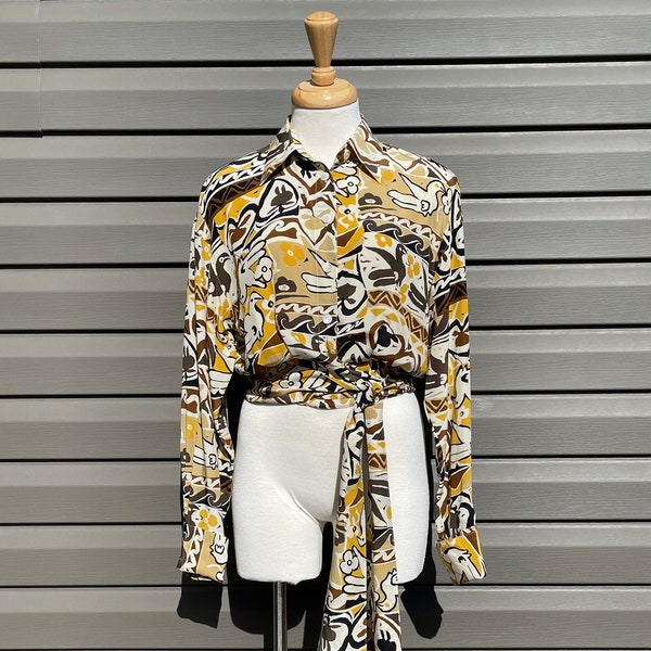 vintage designer French silk blouse Guy Laroche silky scarf print tie waist