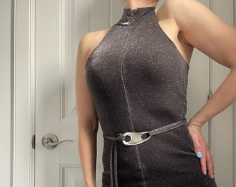 vintage high neck catsuit stretchy knit body con jumpsuit 90s does 70s straight leg disco sparkly sexy tight sleeveless