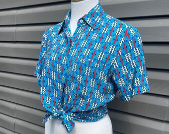 vintage 80s silk button up shirt button down shirt geometric scarf print size small size extra small