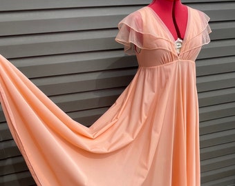 vintage 60s peach sorbet empire waist nightgown huge sweep sheer chiffon cap sleeves full skirt petiet length