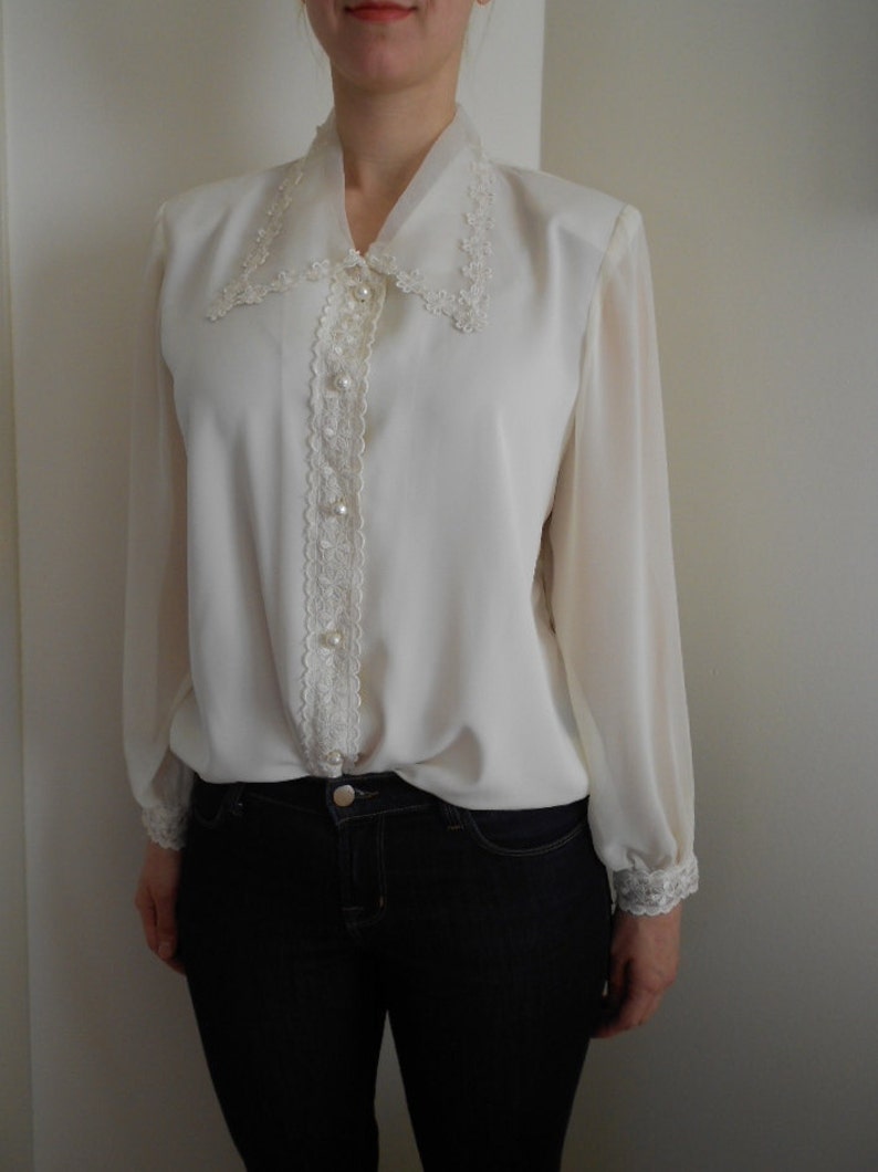 Vintage SHEER white blouse / daisy LACE organza chiffon Etsy