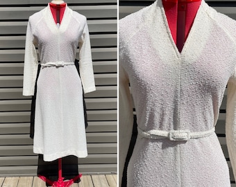 vintage 70s knit dress with matching belt open knit white dress pointelle