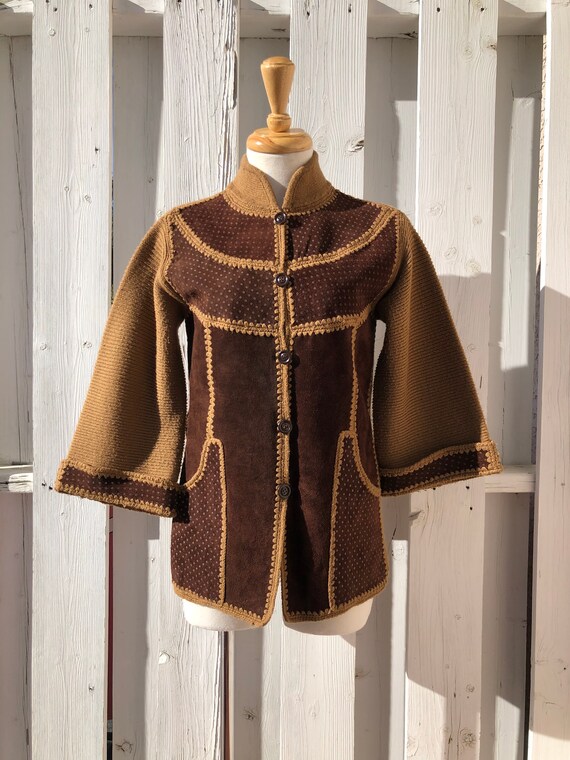 Woodstock era knit cardigan sweater jacket suede l