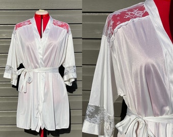 vintage white silky short robe white lace shoulders and trim bridal lingerie Lacey dressing gown