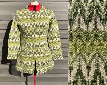 vintage 60s Hans Heitsch Iceland fair isle cardigan wool tunic sweater jacket with pockets long knit jacket