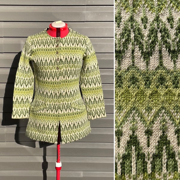 vintage 60s Hans Heitsch Iceland fair isle cardigan wool tunic sweater jacket with pockets long knit jacket