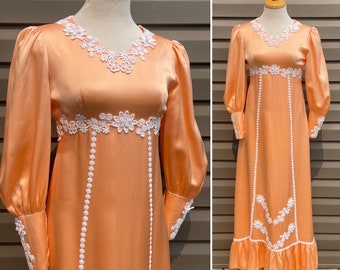 vintage 60s vintage 70s long silk gown daisy chain silky maxi dress peach floral applique