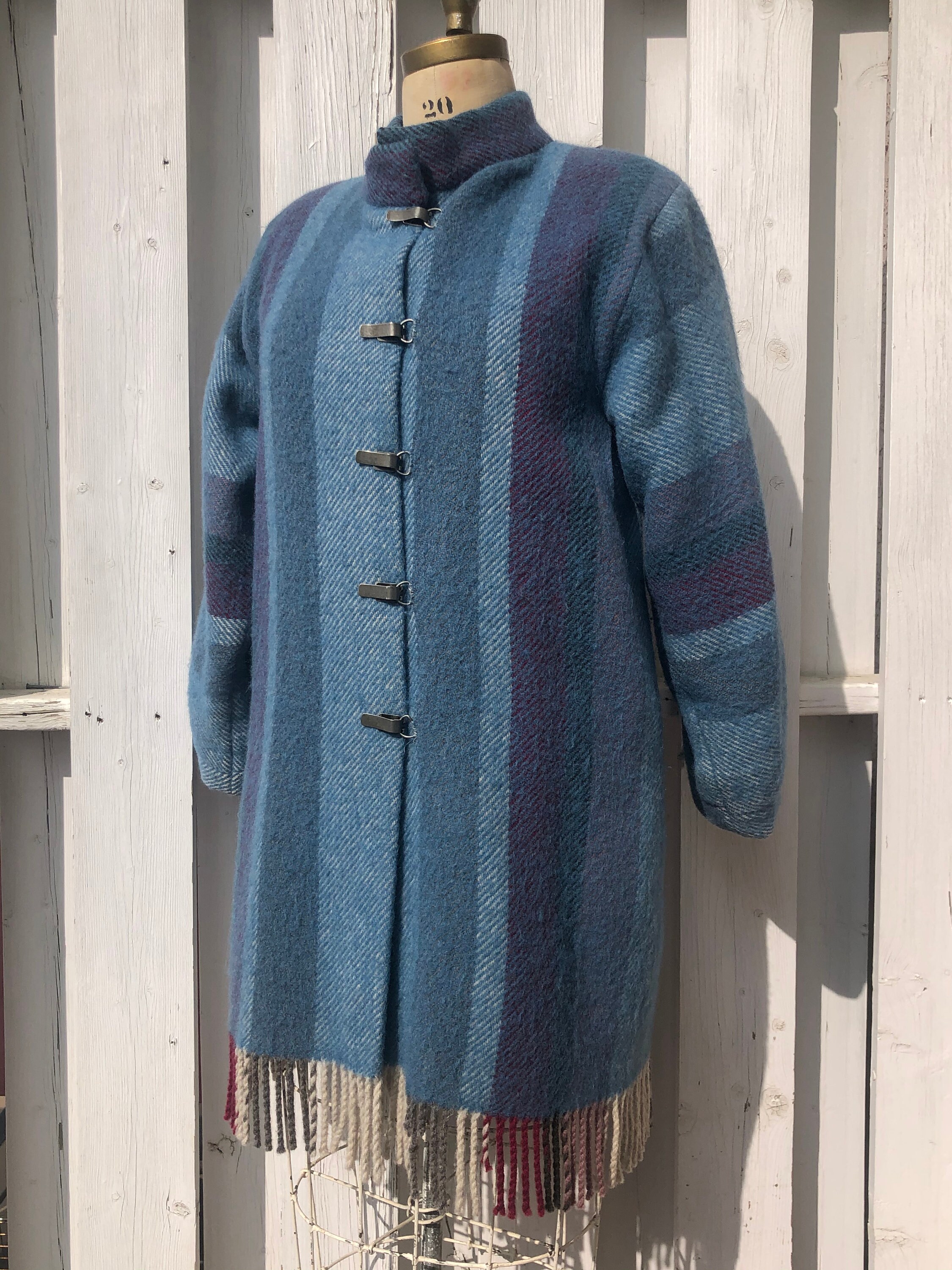 Vintage blanket coat Norwegian wool cocoon coat with fringe Etsy