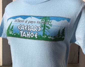 vintage 70s t-shirt souvenir t-shirt thin soft Tahoe shirt graphic t-shirt ski travel powder blue ice blue size extra small size small