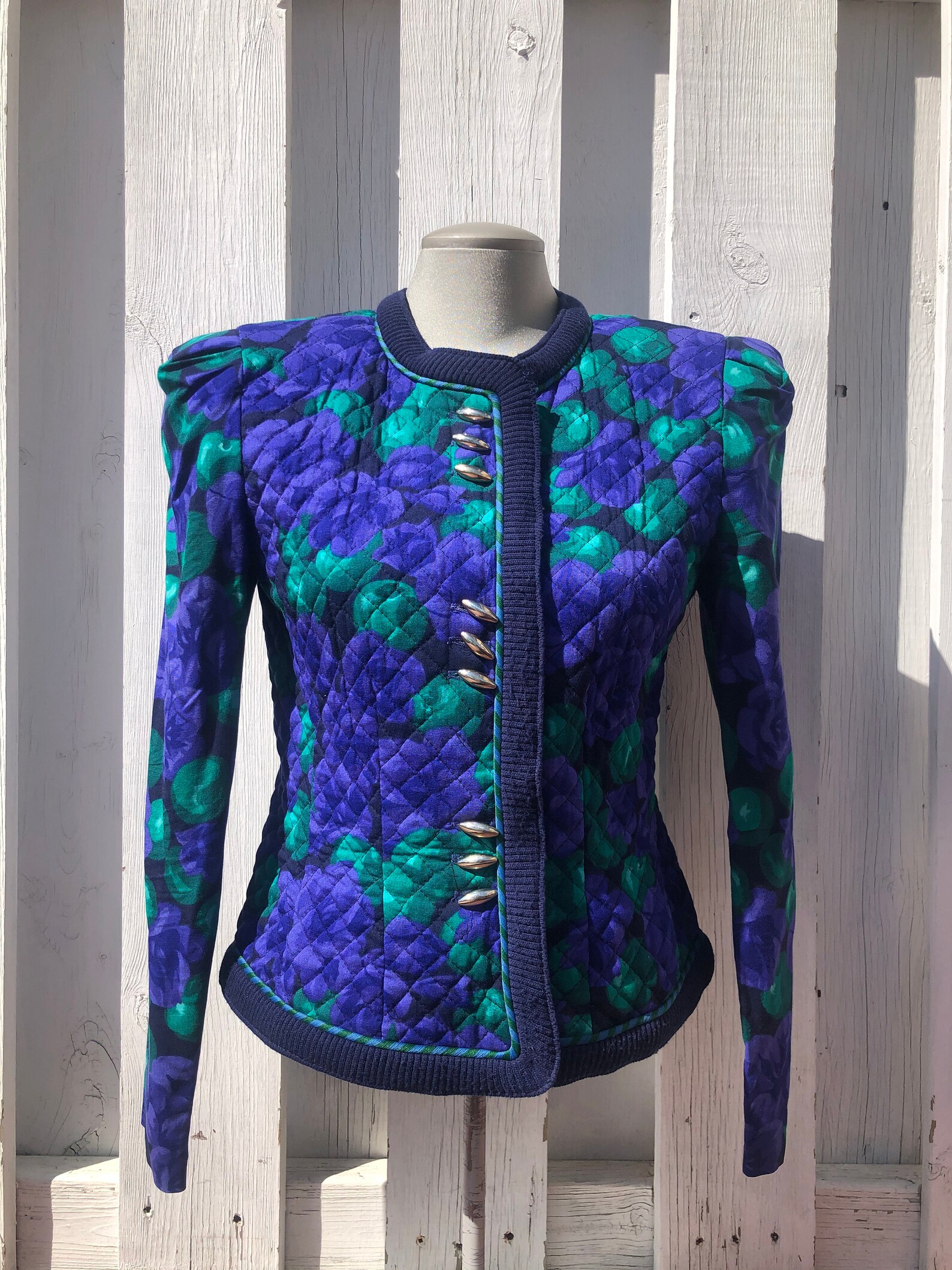 80s Quilted Jacket With Puff Shoulders Puff Sleeve Floral Etsy