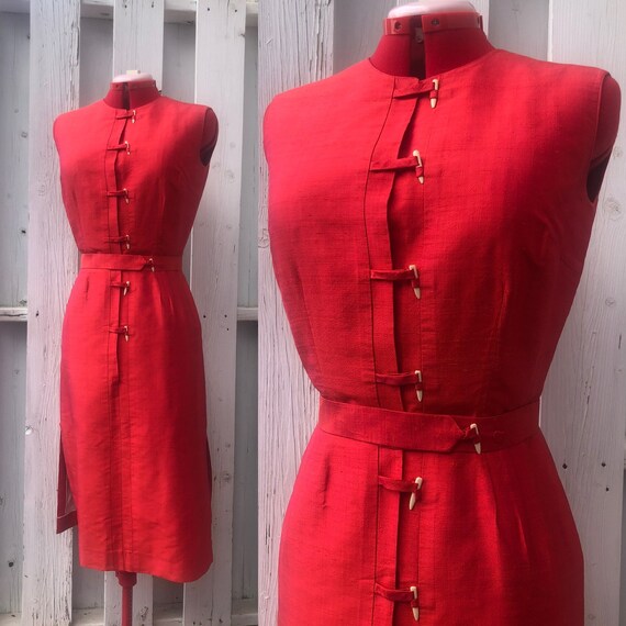 50s wiggle dress fitted red silk 50s dress 60s dre