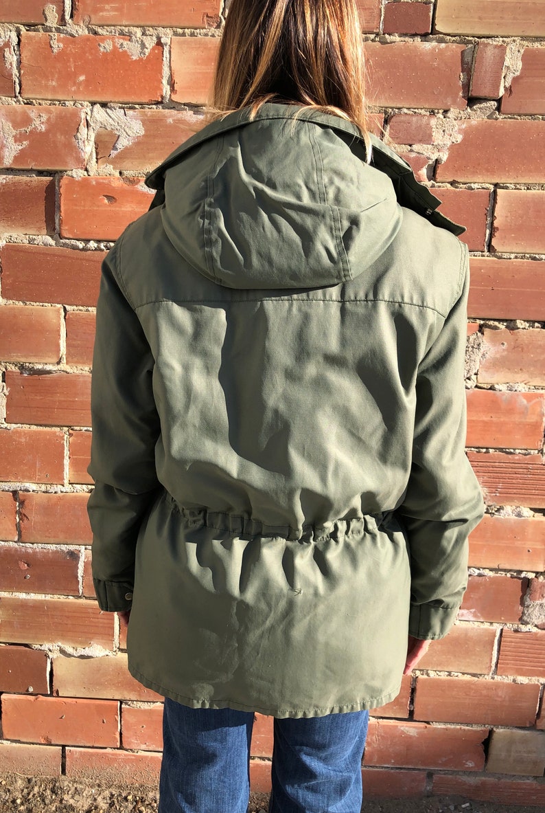 front flap pockets military parka drawstring waist oversized 2 layer olive green army green vintage anorak jacket unisex utility jacket