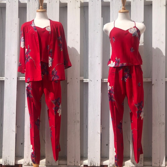 70s 80s tropical print 3 piece set pants suit Mal… - image 1