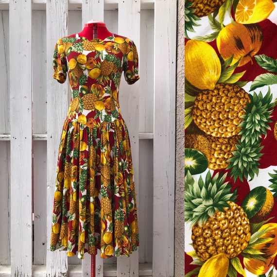 80s tropical fruit print dress kiwi lemon pineappl