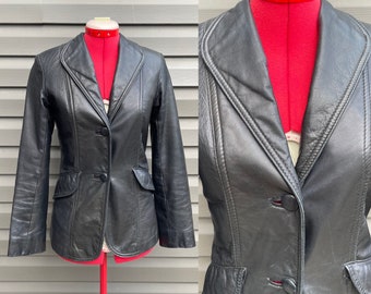 vintage black leather blazer by The Leather Ranch fitted blazer single breasted 2 button 70s 80s