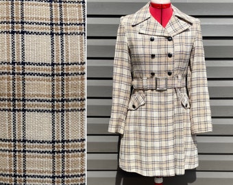 vintage plaid trench coat with belt belted mod coat 60s 70s