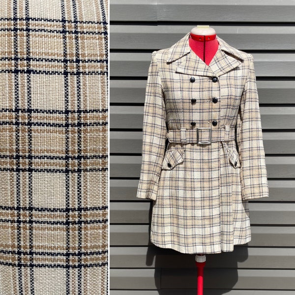 trench-coat à carreaux vintage avec ceinture, manteau mod ceinturé des années 60 et 70