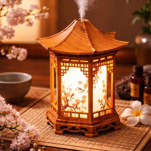 Op de afbeelding: Een houten aromatherapie-diffuser in pagodevorm, die stoom afgeeft. De binnenkant van de diffuser gloeit warm, met een bloemenontwerp. De scène omvat kersenbloesems, etherische olieflessen en een kleine kom, wat een ontspannen sfeer creëert.