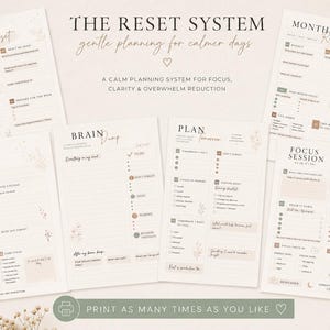 Może przedstawiać: Zestaw drukowanych stron planera z tytułem "THE RESET SYSTEM" i hasłem "gentle planning for calmer days." Strony zawierają sekcje do planowania dziennego, tygodniowego i miesięcznego, z podpowiedziami dotyczącymi skupienia i jasności. Projekt jest minimalistyczny z kwiatowymi akcentami.