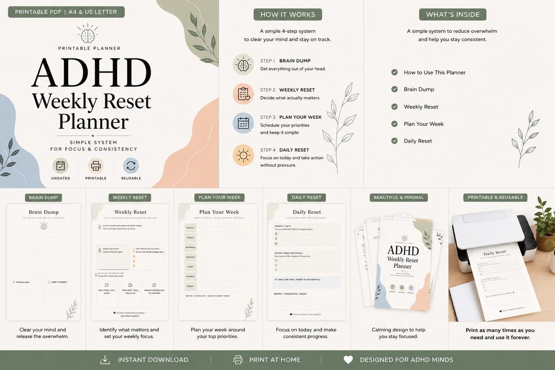ADHD Planner Printable | Weekly Reset and Daily Planner PDF | Focus ...